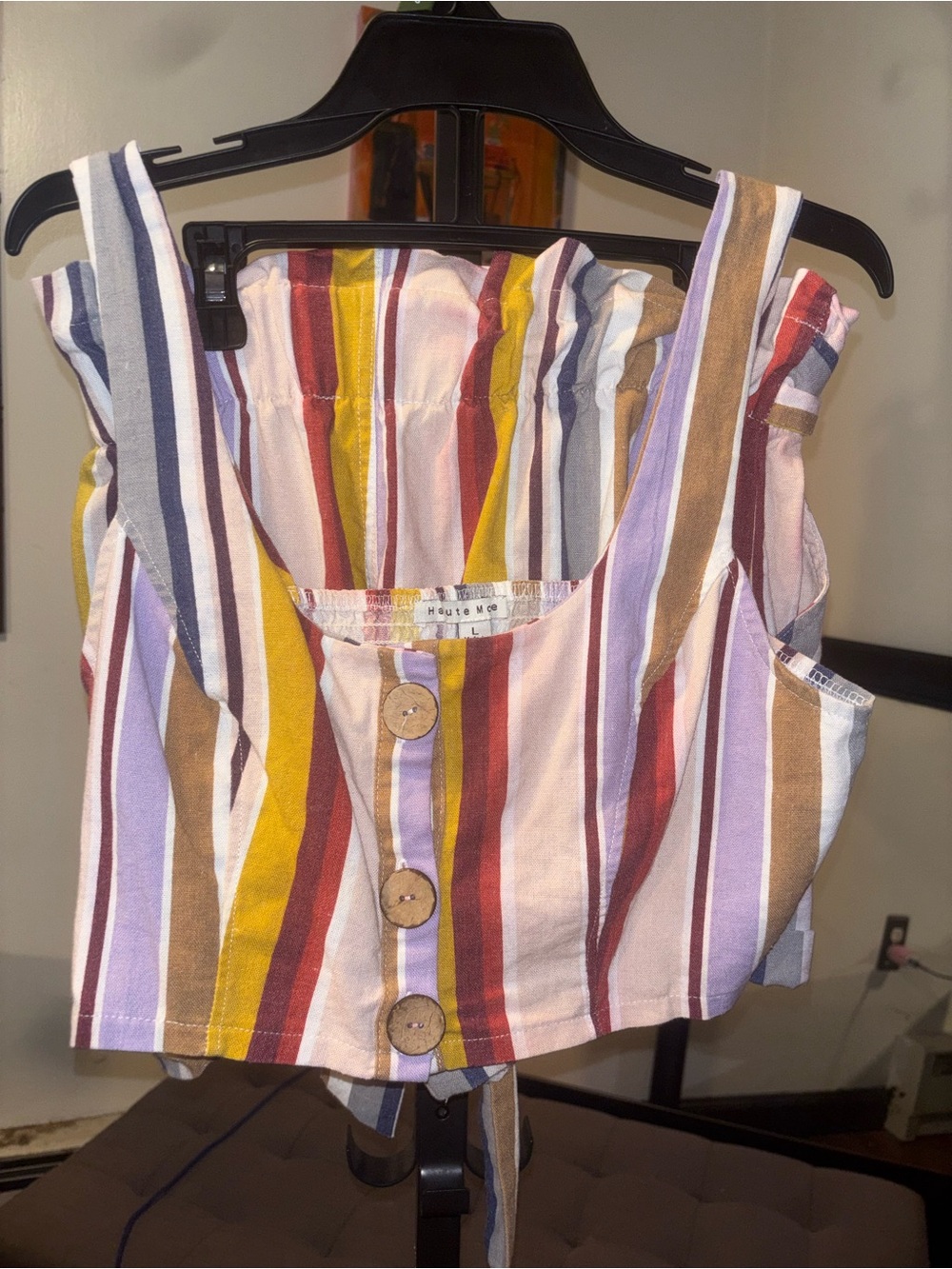 Two piece pinstripe tank and short set with brown buttons